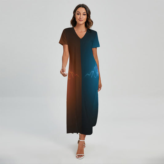 Fire And Ice Dragons Print Short Sleeve Maxi Dress