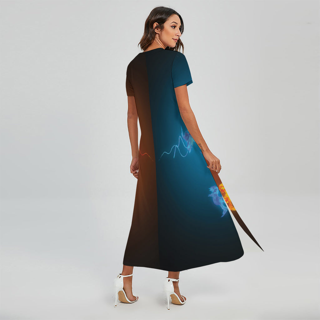 Fire And Ice Dragons Print Short Sleeve Maxi Dress