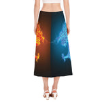 Fire And Ice Dragons Print Side Slit Midi Skirt