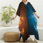 Fire And Ice Dragons Print Silk V-Neck Kaftan Dress