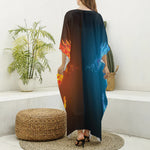 Fire And Ice Dragons Print Silk V-Neck Kaftan Dress