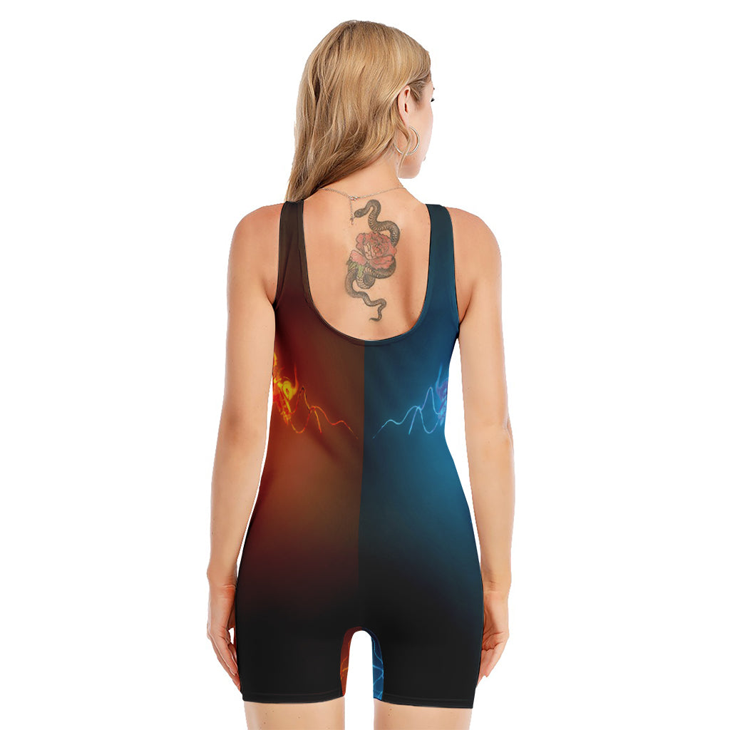 Fire And Ice Dragons Print Sleeveless One Piece Swimsuit