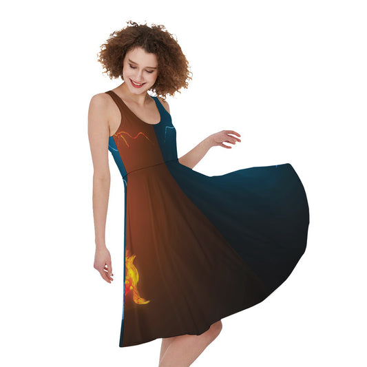Fire And Ice Dragons Print Women's Sleeveless Dress