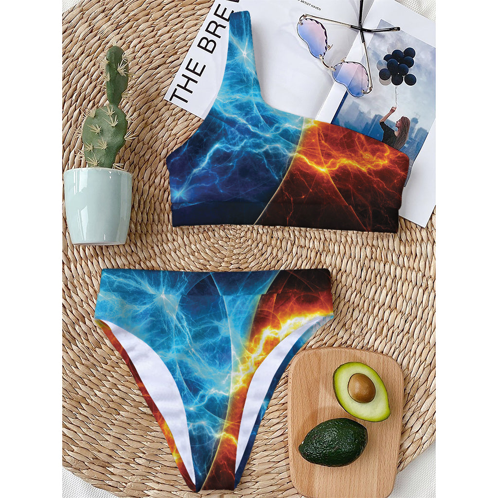 Fire And Ice Energy Print One Shoulder Bikini Top