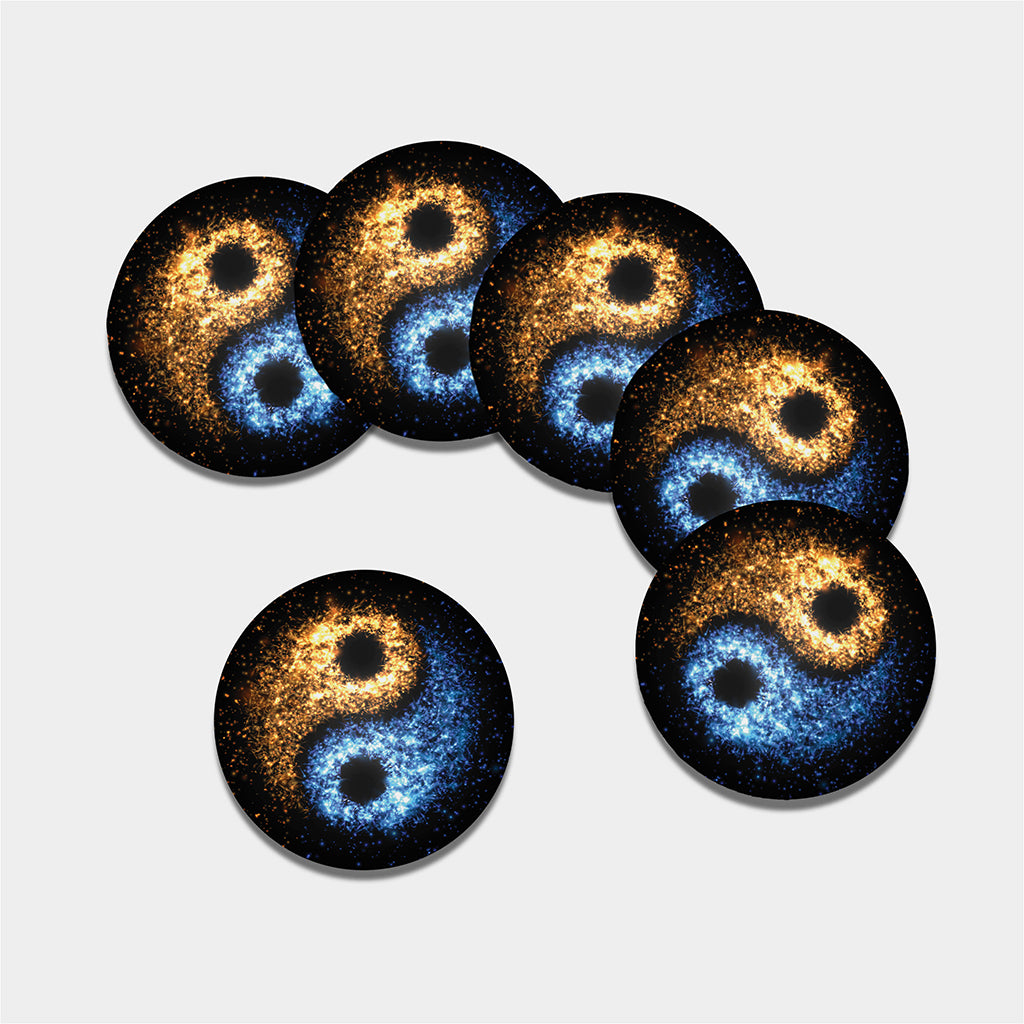 Fire And Ice Sparkle Yin Yang Print Leather Coaster Set