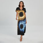 Fire And Ice Sparkle Yin Yang Print Short Sleeve Maxi Dress