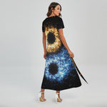 Fire And Ice Sparkle Yin Yang Print Short Sleeve Maxi Dress