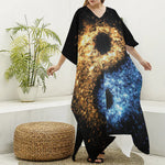 Fire And Ice Sparkle Yin Yang Print Silk V-Neck Kaftan Dress