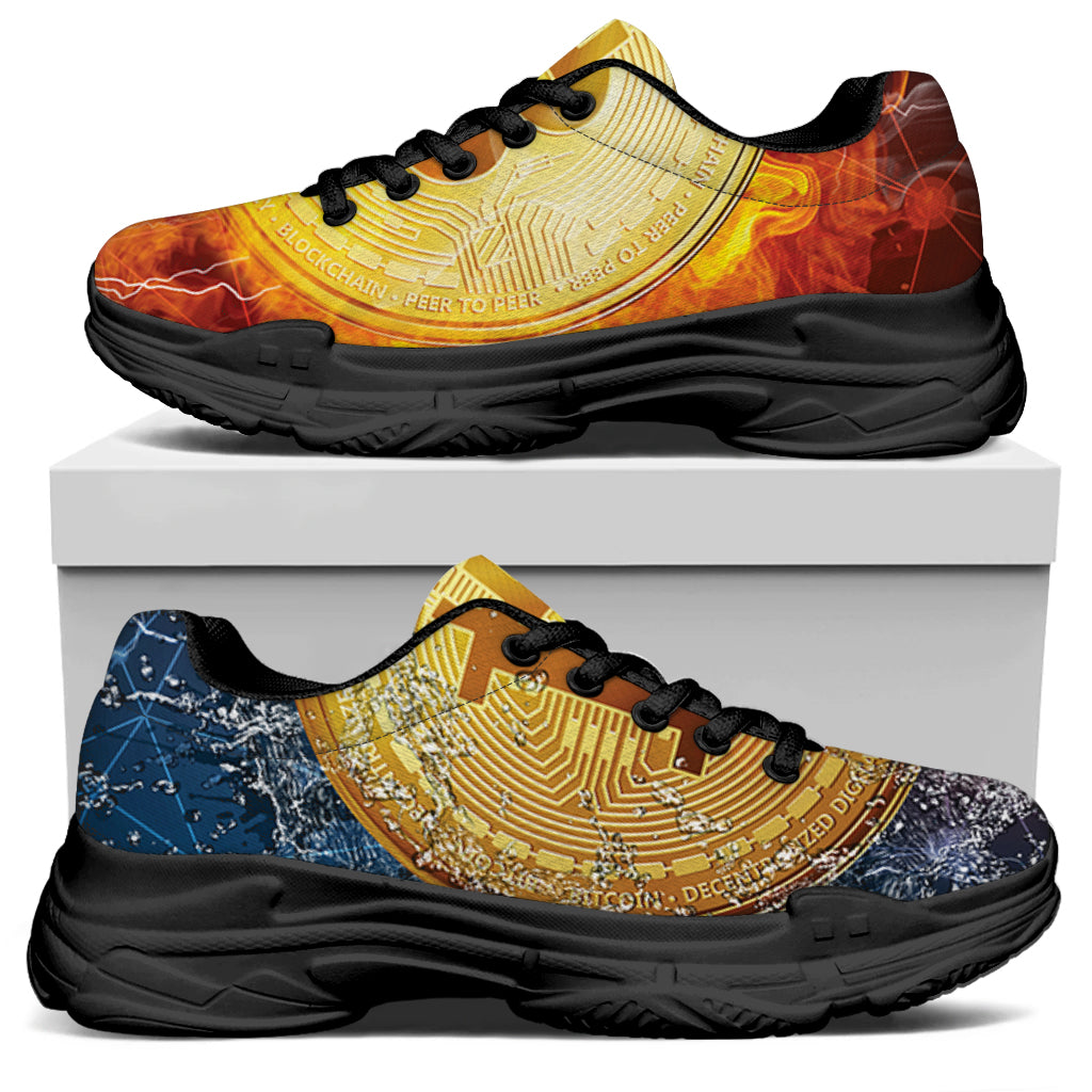 Fire And Water Bitcoin Print Black Chunky Shoes