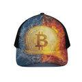 Fire And Water Bitcoin Print Black Mesh Trucker Hat
