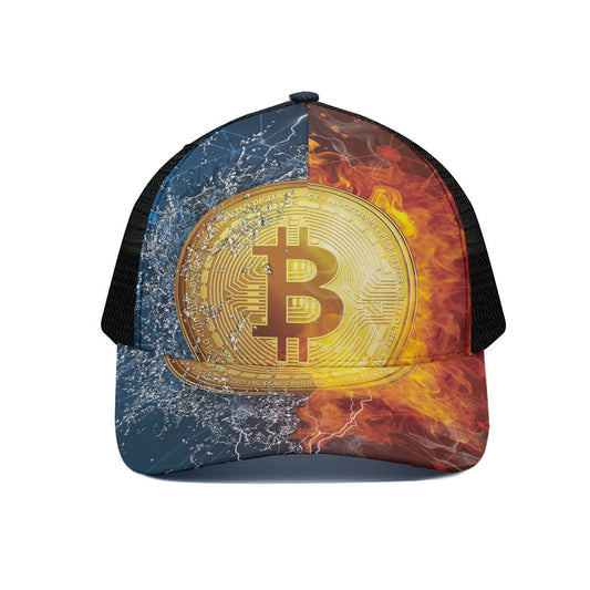 Fire And Water Bitcoin Print Black Mesh Trucker Cap