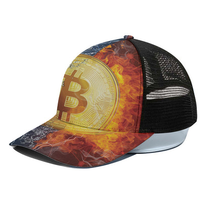 Fire And Water Bitcoin Print Black Mesh Trucker Cap