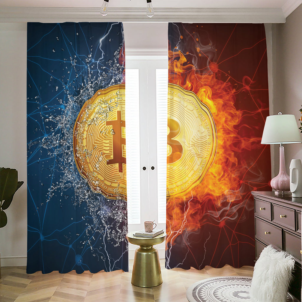 Fire And Water Bitcoin Print Blackout Pencil Pleat Curtains