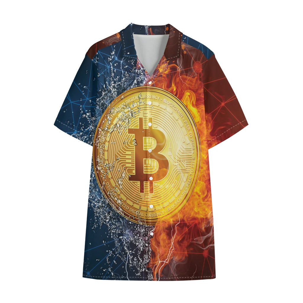 Fire And Water Bitcoin Print Cotton Hawaiian Shirt