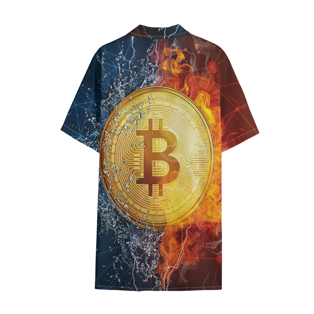 Fire And Water Bitcoin Print Cotton Hawaiian Shirt