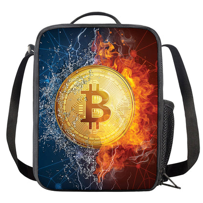 Fire And Water Bitcoin Print Crossbody Lunch Bag