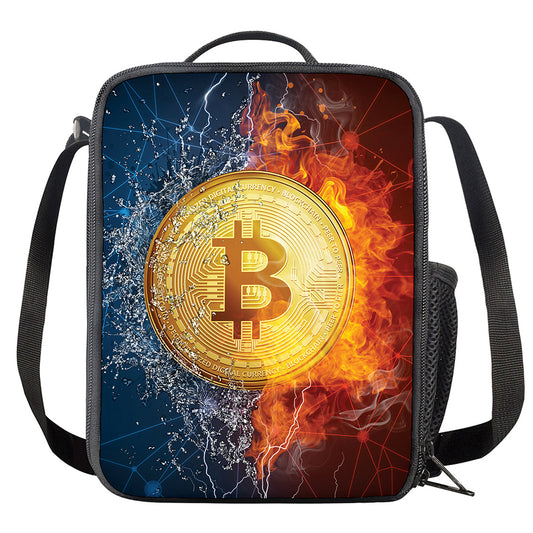 Fire And Water Bitcoin Print Crossbody Lunch Bag