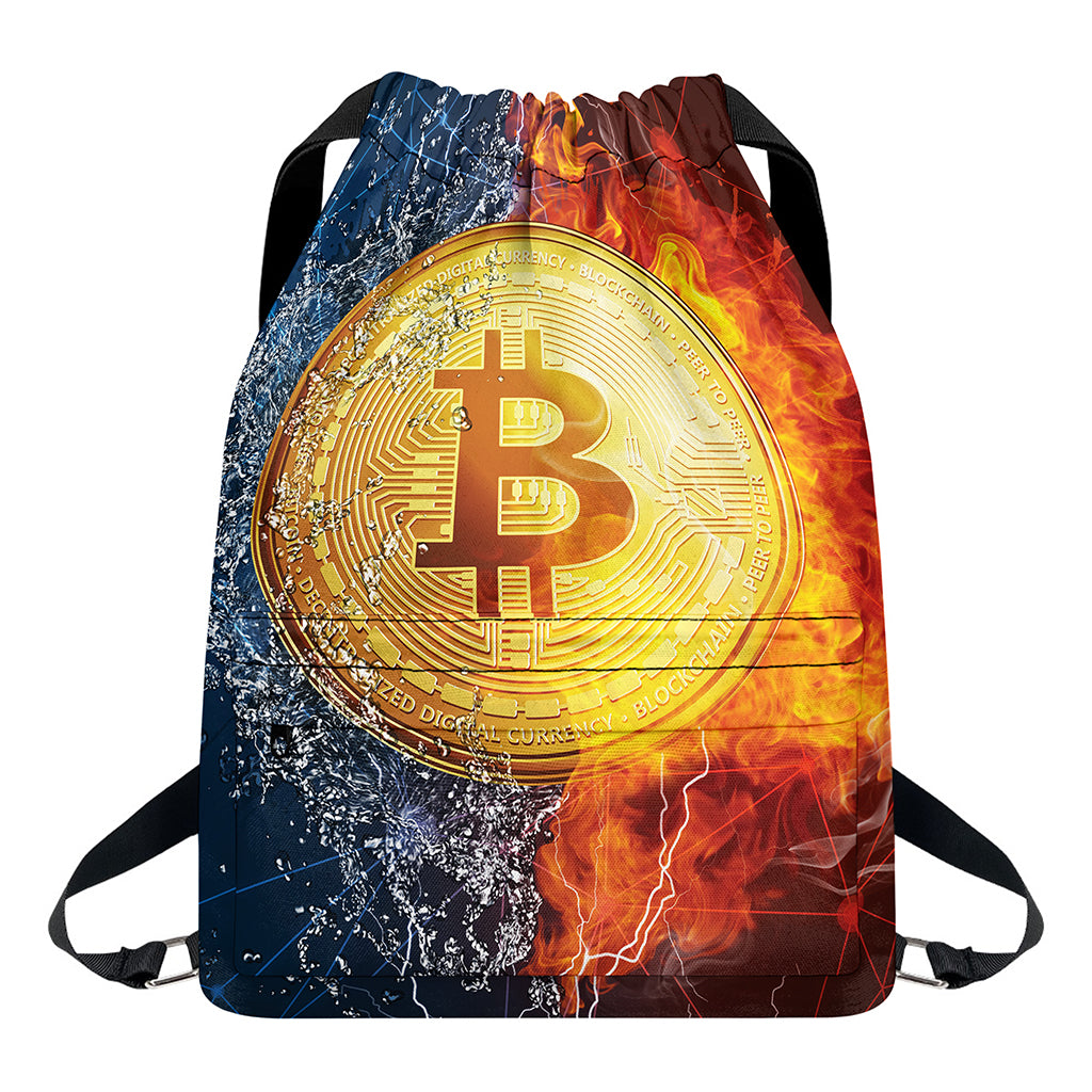 Fire And Water Bitcoin Print Drawstring Backpack