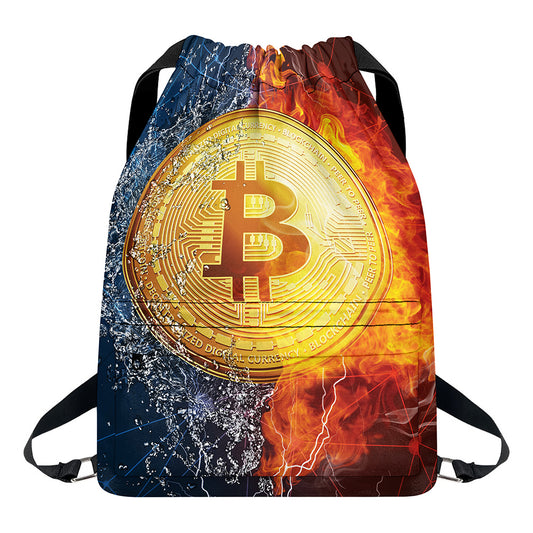 Fire And Water Bitcoin Print Drawstring Backpack