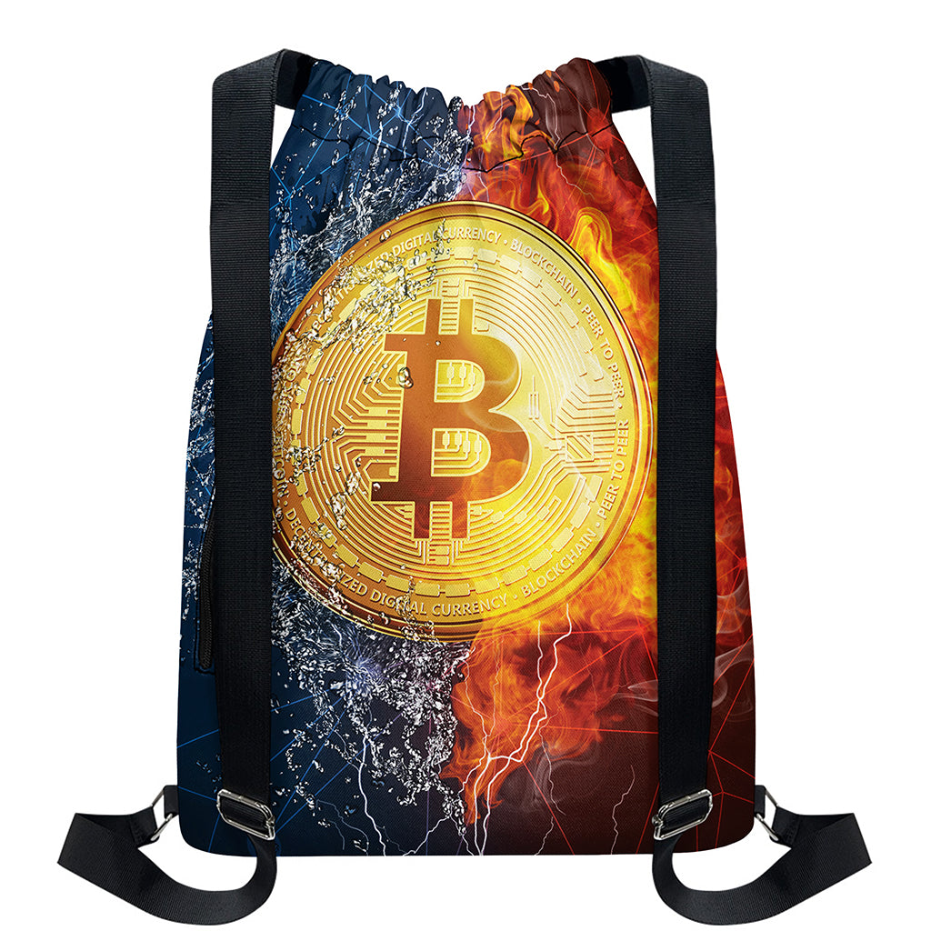 Fire And Water Bitcoin Print Drawstring Backpack