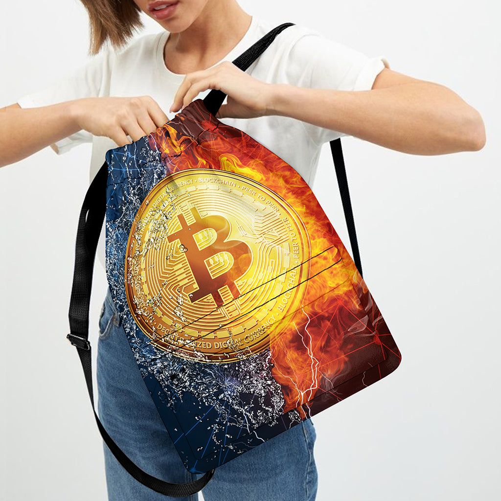 Fire And Water Bitcoin Print Drawstring Backpack