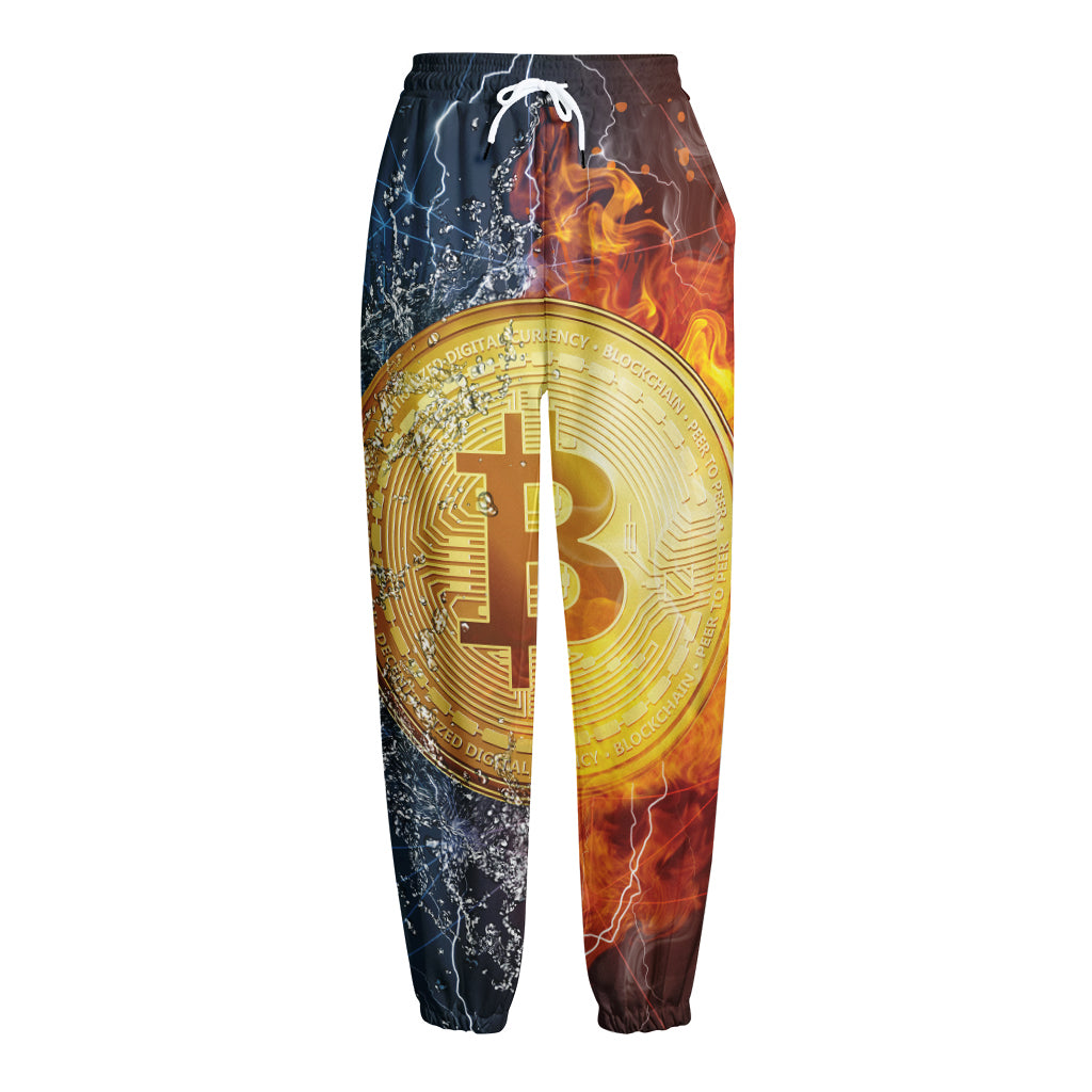 Fire And Water Bitcoin Print Fleece Lined Knit Pants