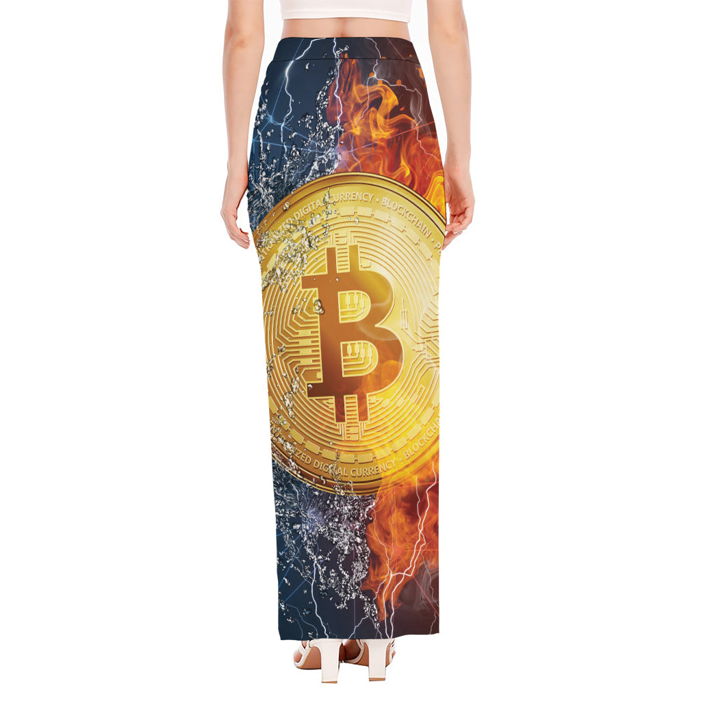 Fire And Water Bitcoin Print High Slit Maxi Skirt