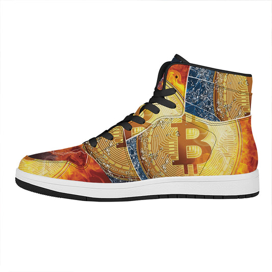 Fire And Water Bitcoin Print High Top Leather Sneakers