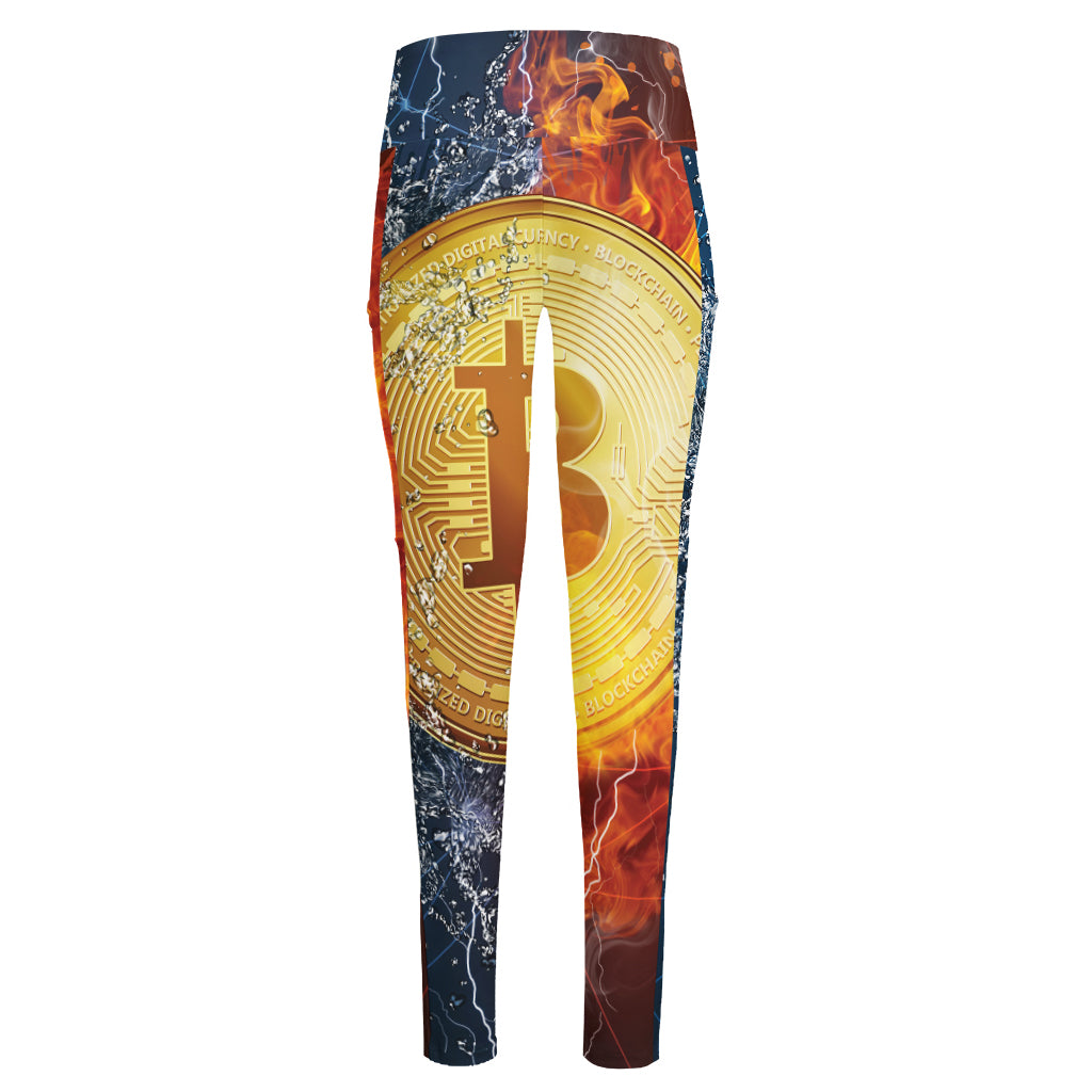 Fire And Water Bitcoin Print High-Waisted Pocket Leggings
