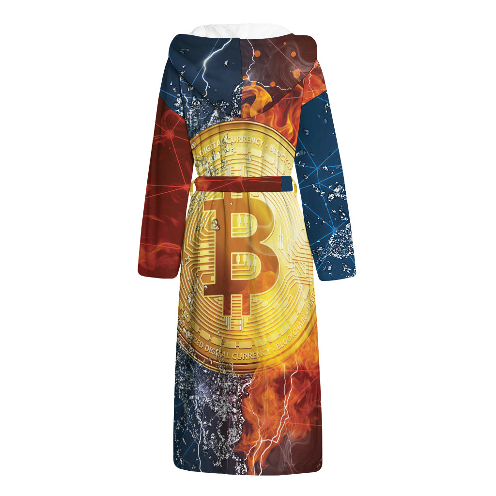 Fire And Water Bitcoin Print Hooded Bathrobe