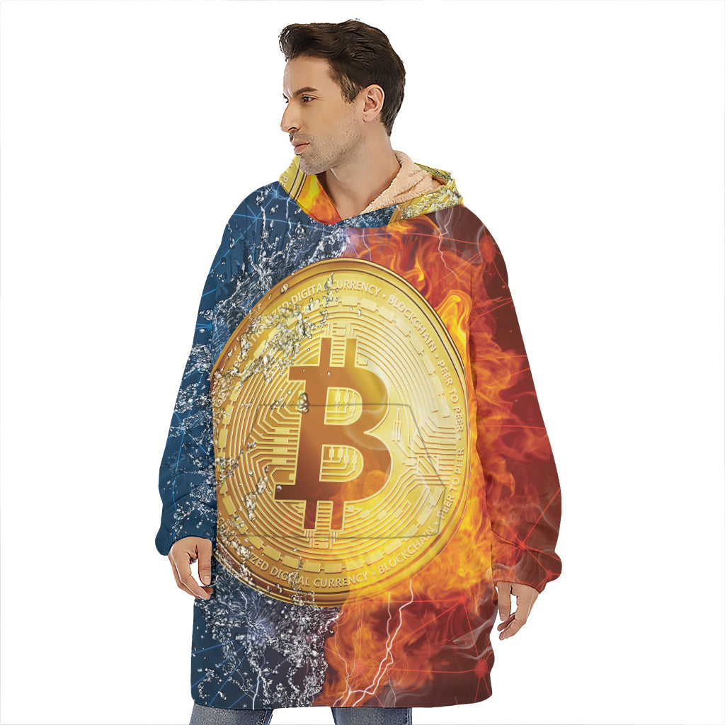 Fire And Water Bitcoin Print Hoodie Blanket