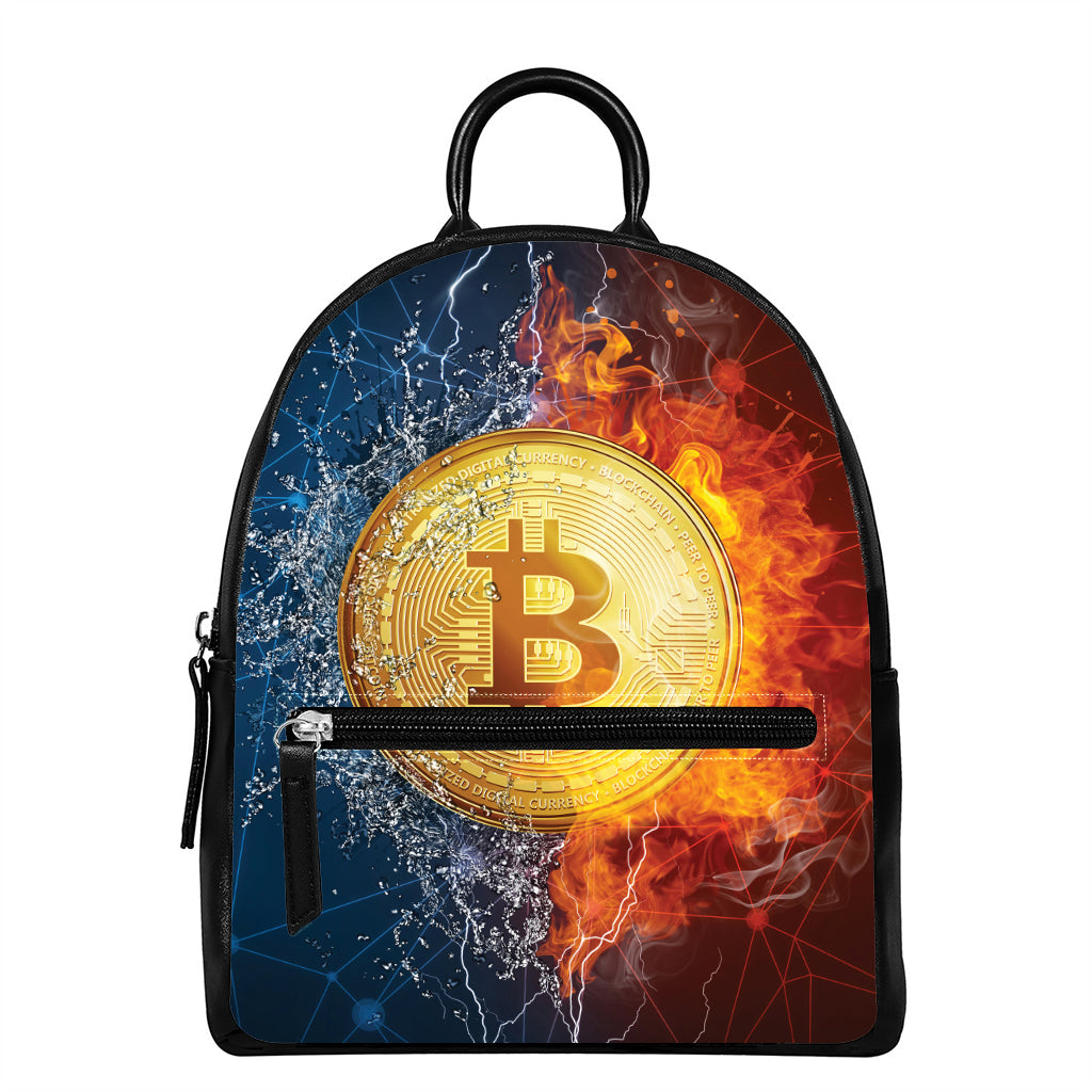 Fire And Water Bitcoin Print Leather Backpack