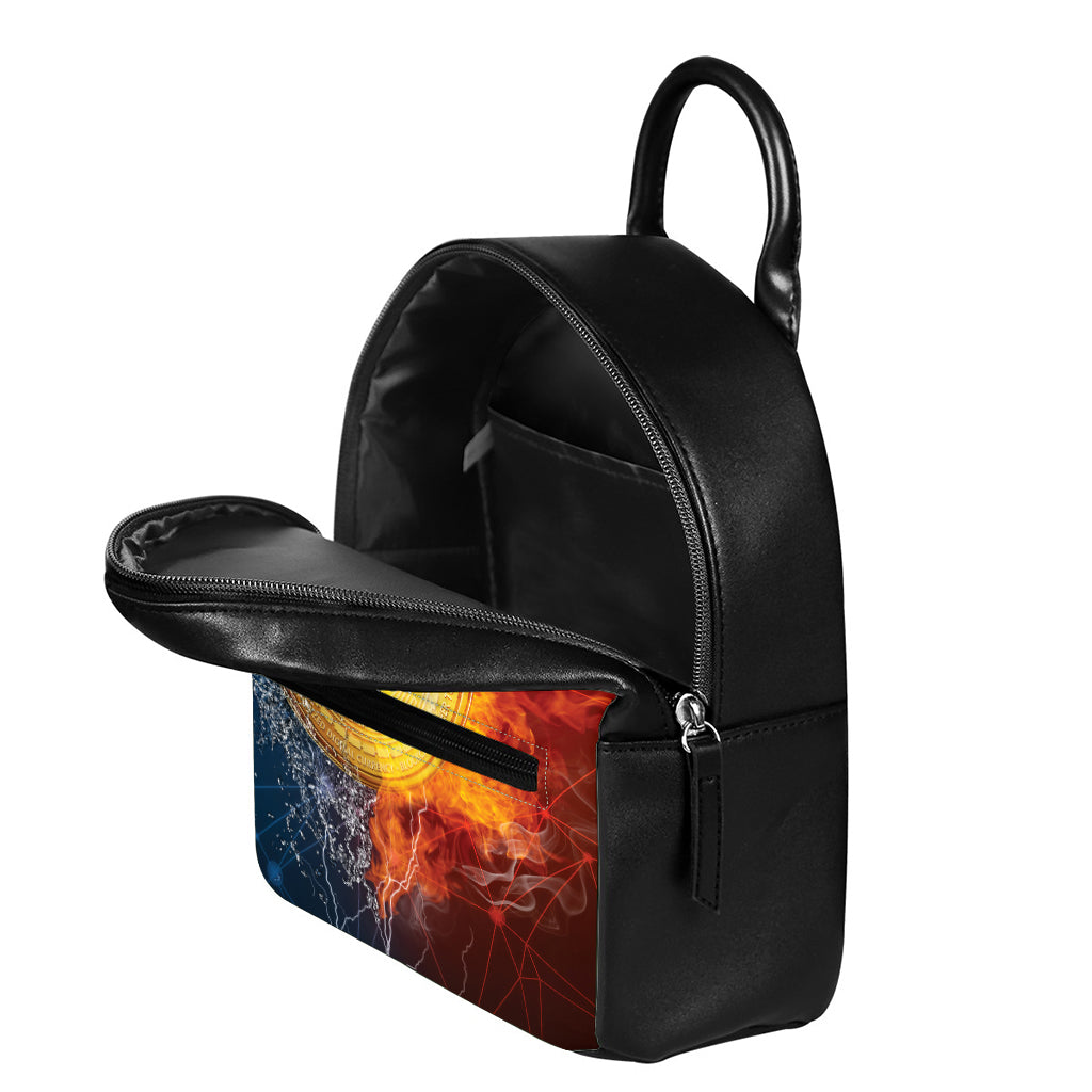 Fire And Water Bitcoin Print Leather Backpack