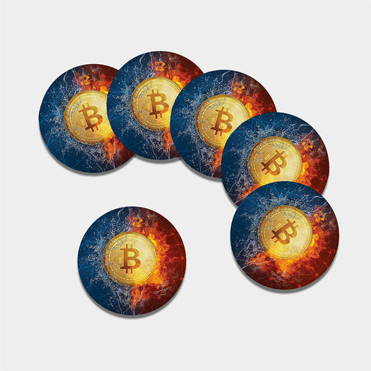 Fire And Water Bitcoin Print Leather Coaster Set