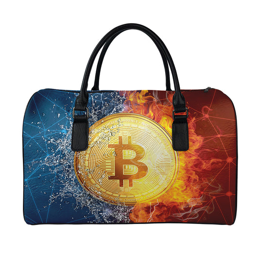 Fire And Water Bitcoin Print Leather Duffle Bag