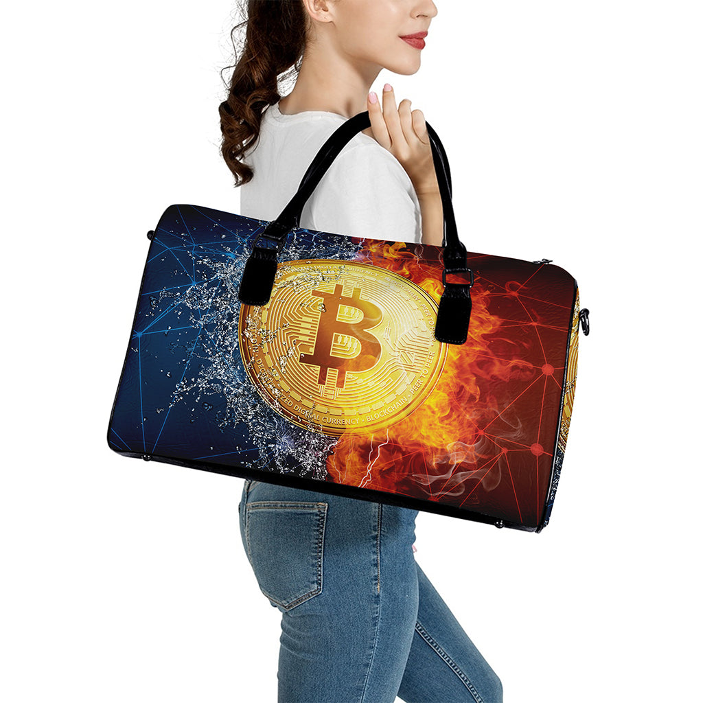 Fire And Water Bitcoin Print Leather Duffle Bag