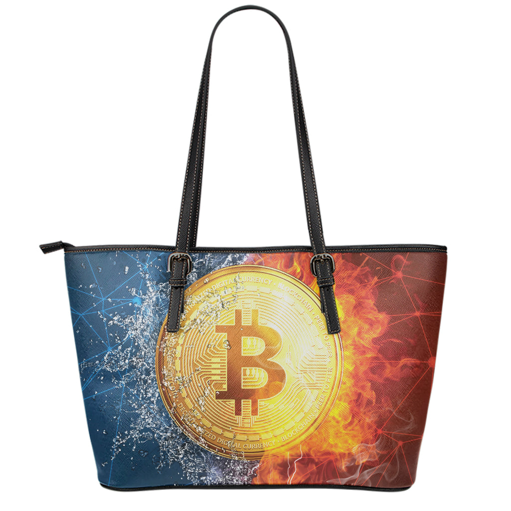 Fire And Water Bitcoin Print Leather Tote Bag