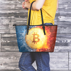Fire And Water Bitcoin Print Leather Tote Bag