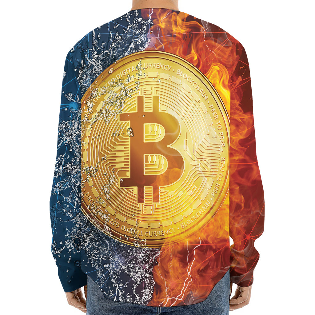 Fire And Water Bitcoin Print Long Sleeve Baseball Jersey