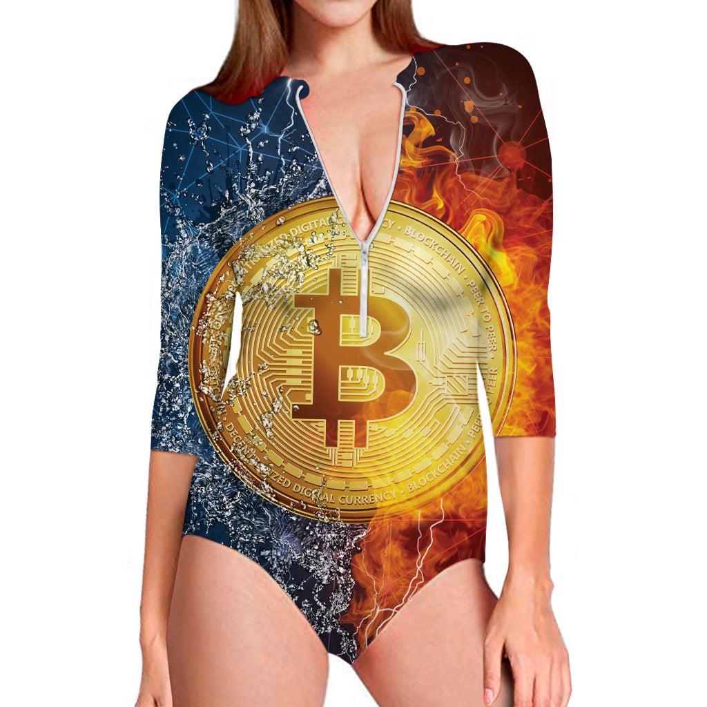 Fire And Water Bitcoin Print Long Sleeve Swimsuit