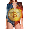 Fire And Water Bitcoin Print Long Sleeve Swimsuit