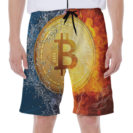 Fire And Water Bitcoin Print Men's Beach Shorts