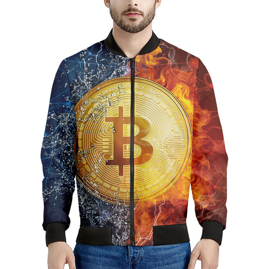 Fire And Water Bitcoin Print Men's Bomber Jacket