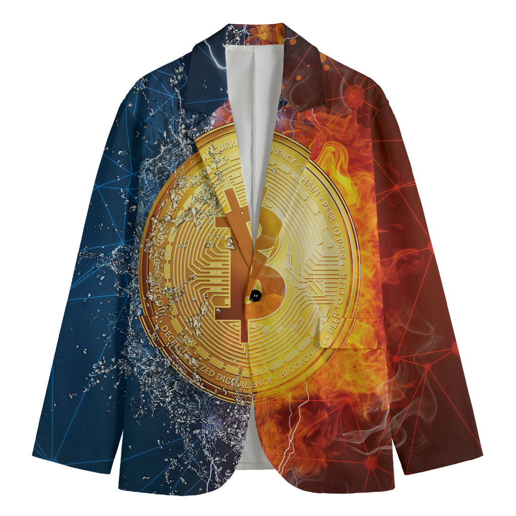 Fire And Water Bitcoin Print Men's Cotton Blazer