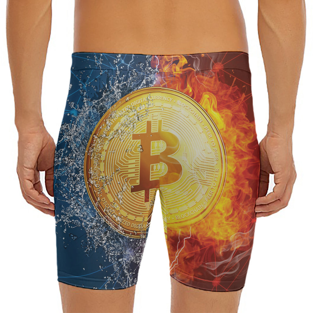 Fire And Water Bitcoin Print Men's Long Boxer Briefs