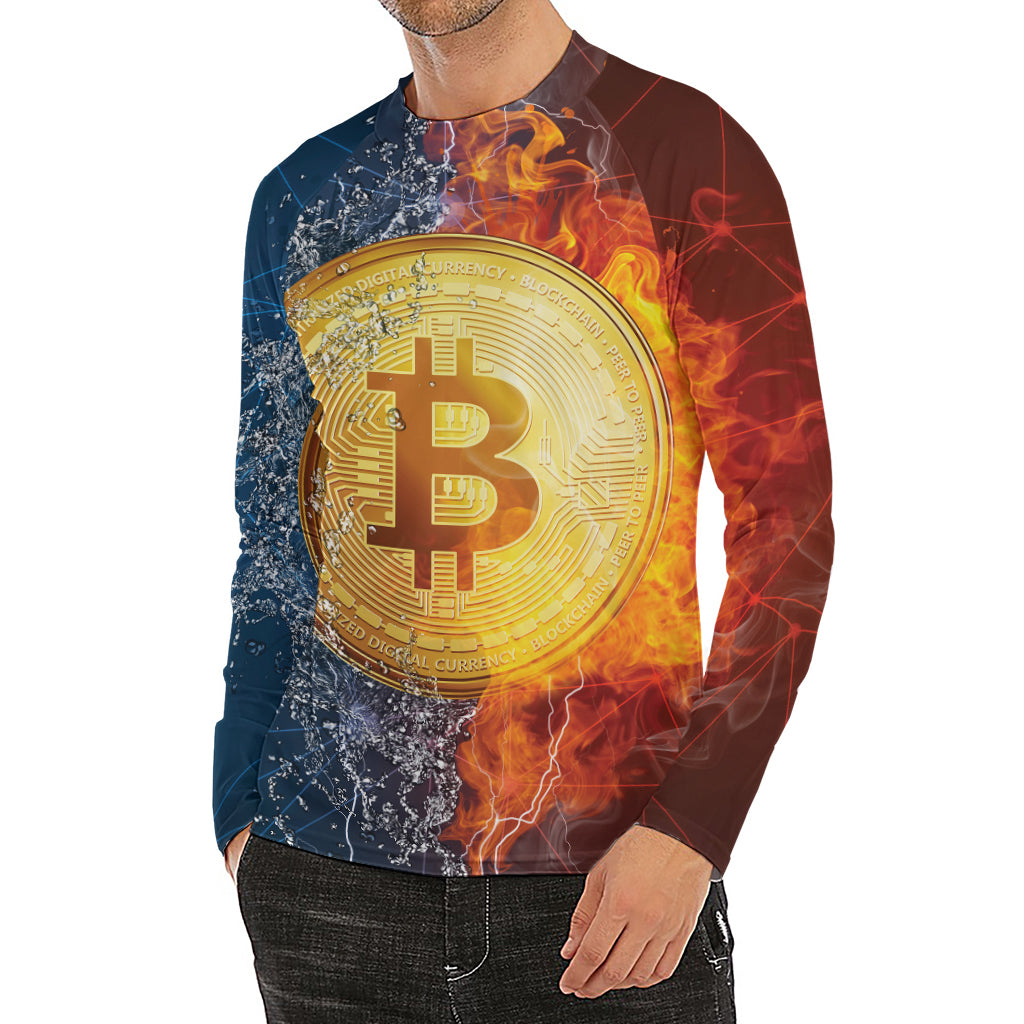 Fire And Water Bitcoin Print Men's Long Sleeve Rash Guard