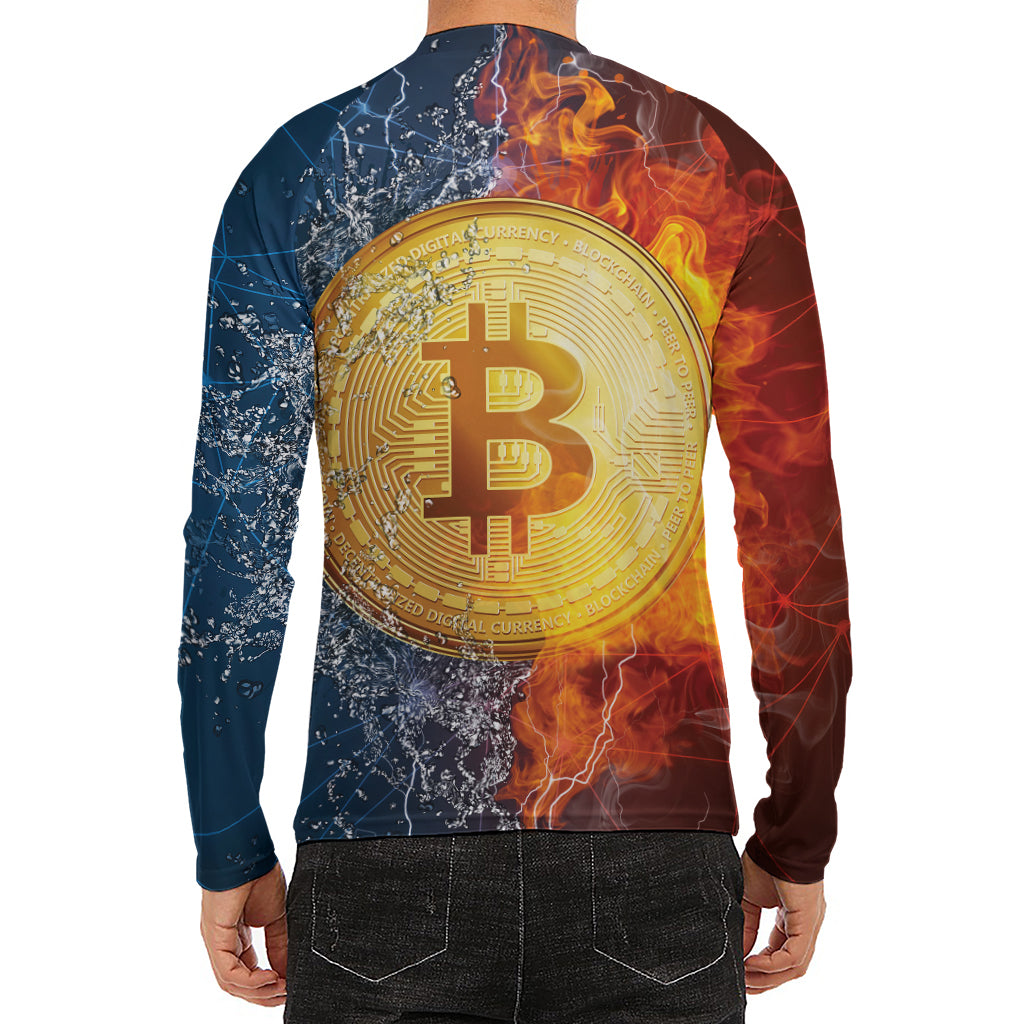 Fire And Water Bitcoin Print Men's Long Sleeve Rash Guard