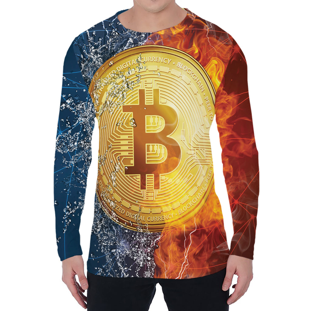 Fire And Water Bitcoin Print Men's Long Sleeve T-Shirt