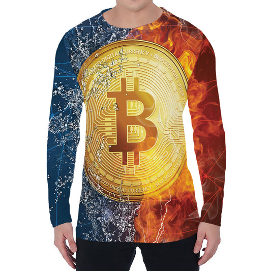 Fire And Water Bitcoin Print Men's Long Sleeve T-Shirt