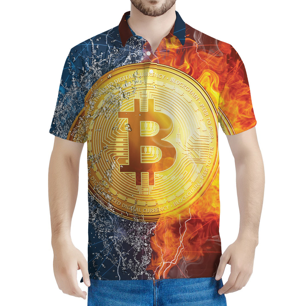 Fire And Water Bitcoin Print Men's Polo Shirt
